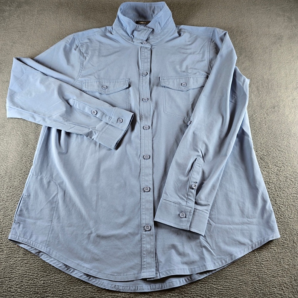 Eddie Bauer Women Medium Blue Classic Fit Roll Tab Long Sleeve Button Down Shirt